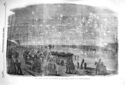 Original alter antiker Druck 1856 Marine Review Illumination Flotte Schiffe Fine Art
