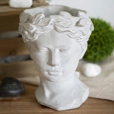 1x Cement Head Planter, Gray Indoor Outdoor Home Garden Decor Greek Style Dia 6"