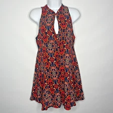 Free People Get Together Blue Orange Art Deco Print Sleeveless Mini Dress Size 4