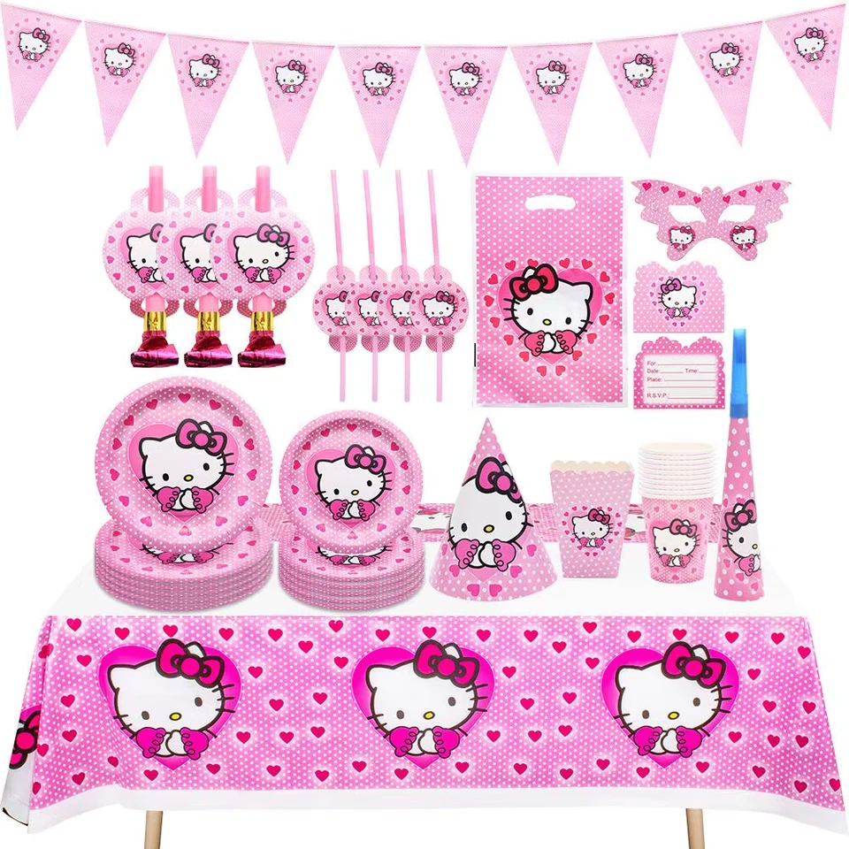 128 PCS Hello Kitty Girls Birthday Party Disposable Supplies - Image 2 of 3