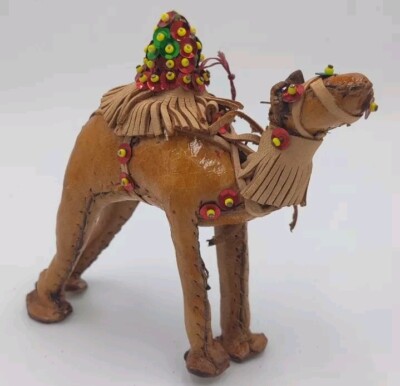 Vintage Hand Stitched Leather Wrapped Single Hump Camel Figure with Tassels 4''