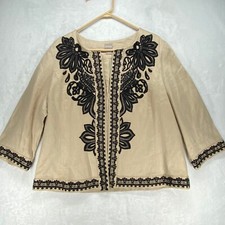 Chico's Embroidered Linen Jacket Open Front Beige Black Size 3 16/18