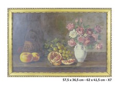 QUADRO ANTICO FIORI FLOREALE DIPINTO NATURA MORTA CON ROSE FRUTTA IN INTERNO X7