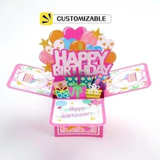 Customizable Pink Birthday Box - Pop Up Personalized Birthday Card with Envelope