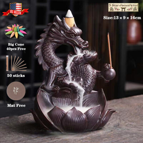 Ceramic Backflow Incense Burner Dragon Mountain Waterfall 060 & 60pcs Cones Gift - Picture 19 of 32
