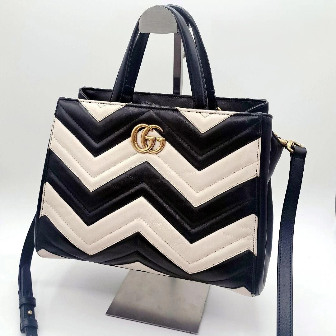 Sac à main bandoulière Gucci GG Marmont cuir 2 voies 448054 noir blanc du Japon