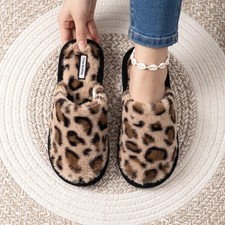 Women's Leopard Print Faux Fur Slippers Memory Foam Warm Winter House Shoes