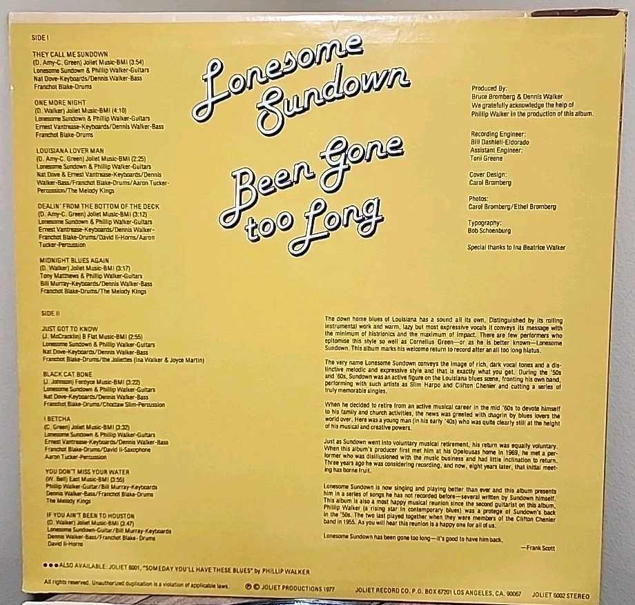 Lonesome Sundown - Been Gone Too Long - Vinyl LP 1977 First Pressing Joliet VG+ - Imagem 3 de 4