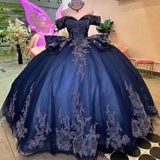 Glittering Navy Blue  Quinceanera Dresses Luxury Flower Lace Beading Vestidos De