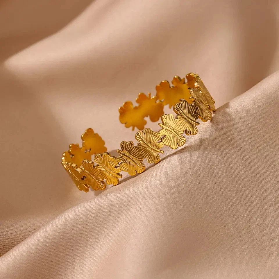 Floral Cuff Bangle Bracelet Stainless Steel Gold Tone Casting Women Jewelry - Image 4 of 4