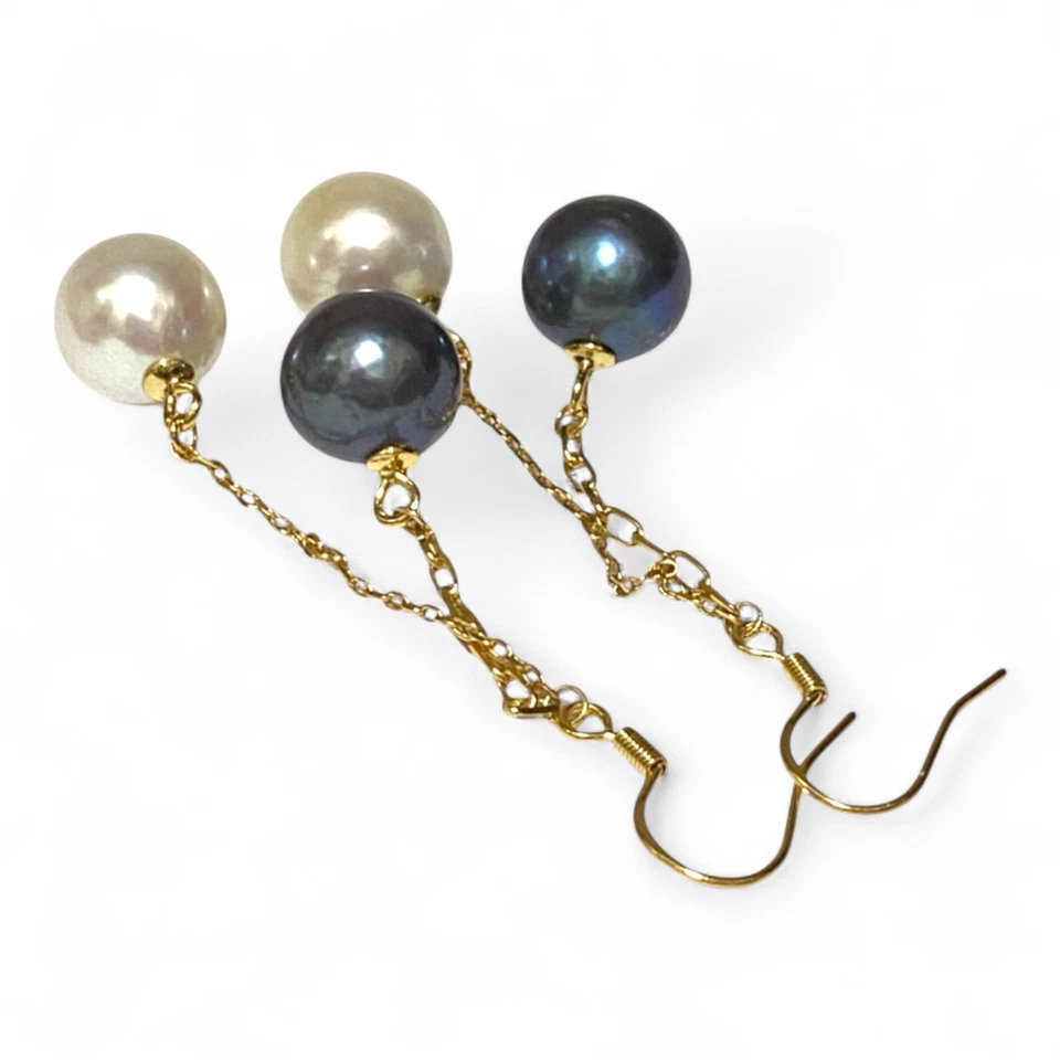 RARE 10 - 10.5mm 5A Luster White and Black Round Edison 2 Pearls Dangle Earrings - Image 4 of 4