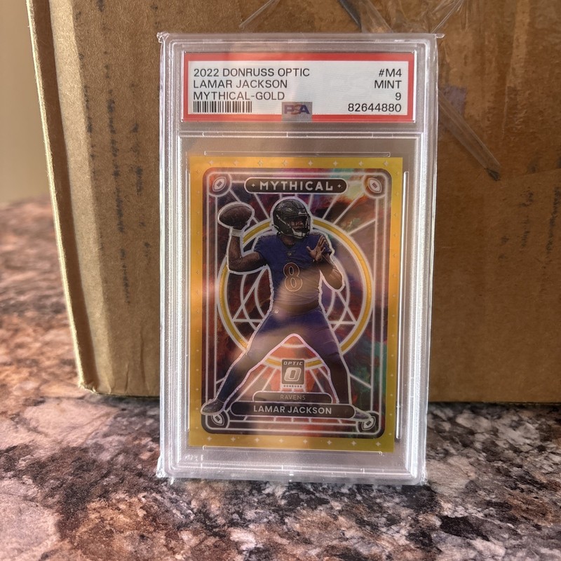 2022 Panini Optic Lamar Jackson PSA 9 Mythical 08/10 GOLD CASE HIT Jersey Match