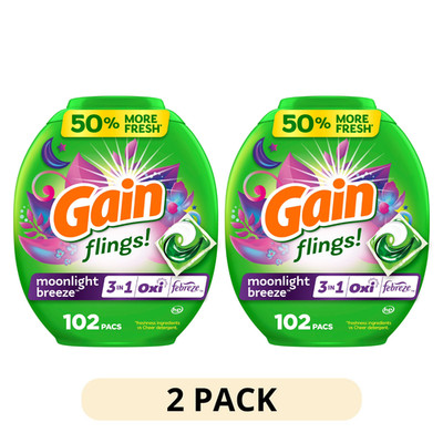 2 Pack Gain Flings Laundry Detergent Pods 102 Count Oxi Boost Febreze Moonlight