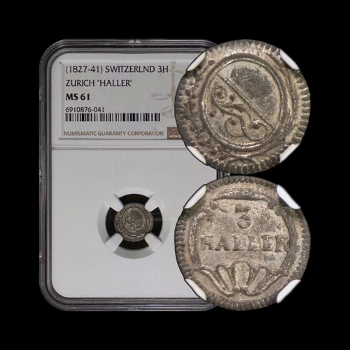 SWITZERLAND. 1827, 3 Haller, Silver  - NGC MS61 - Cantons, Zurich, LL Variety