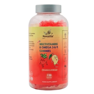 NOORAVITA SUPPLEMENTS & SKINCARE Kids Multivitamin and Omega 3, 6 & 9 Gummies (120 Jumbo size) Vegan and Halal.