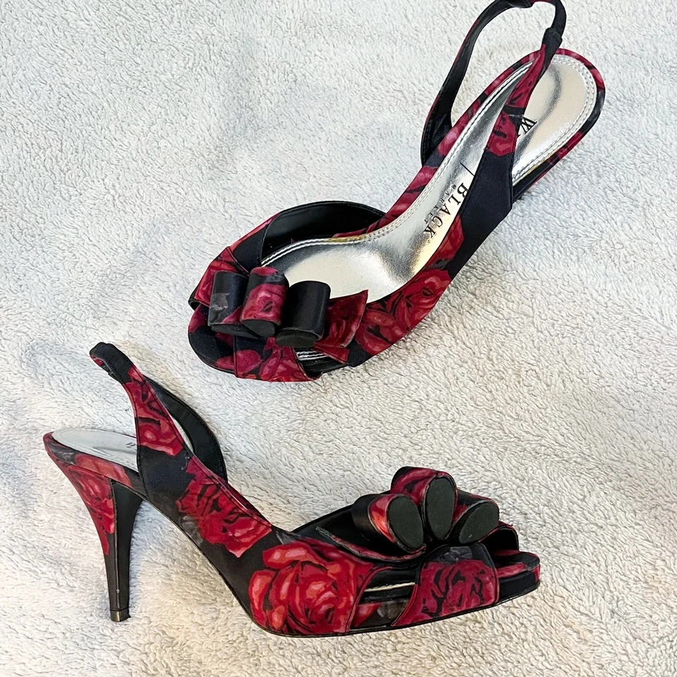 White House Black Market Womens Black Red Slingback Heels 6.5M Floral Peep Toe - Image 2 of 4