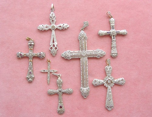 ANTIQUE ART DECO .73 ctw DIAMOND 18K PLATINUM 1.5" CROSS PENDANT 1930 - Picture 6 of 11