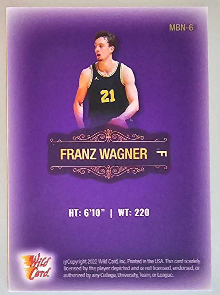 2022 Wild Card MATTE Gold National Basketball VIP Purple SP #d /35 Franz Wagner - Image 2 of 2