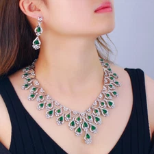 Women Elegant Silver Plated Green Water Drop Cubic Zirconia Wedding Jewelry Set