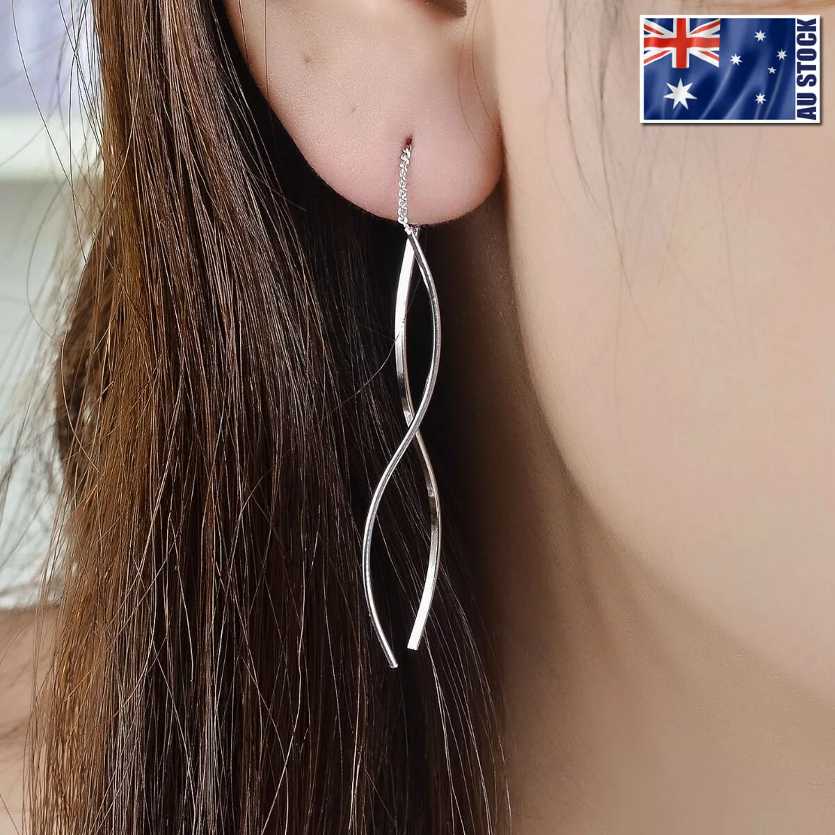 Genuine 925 Sterling Silver Solid Long Curved Bar Drop Thread