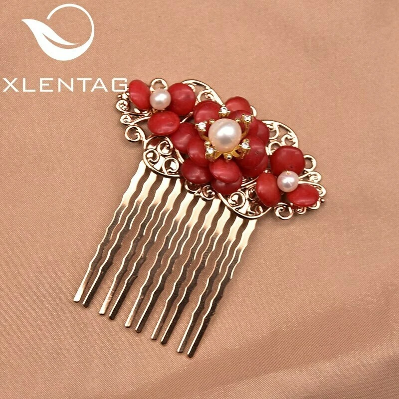 Xlentag Handmade Natural Freshwater Pearl Coral Flower Hair Comb For Ladies Wedd - Image 2 of 4