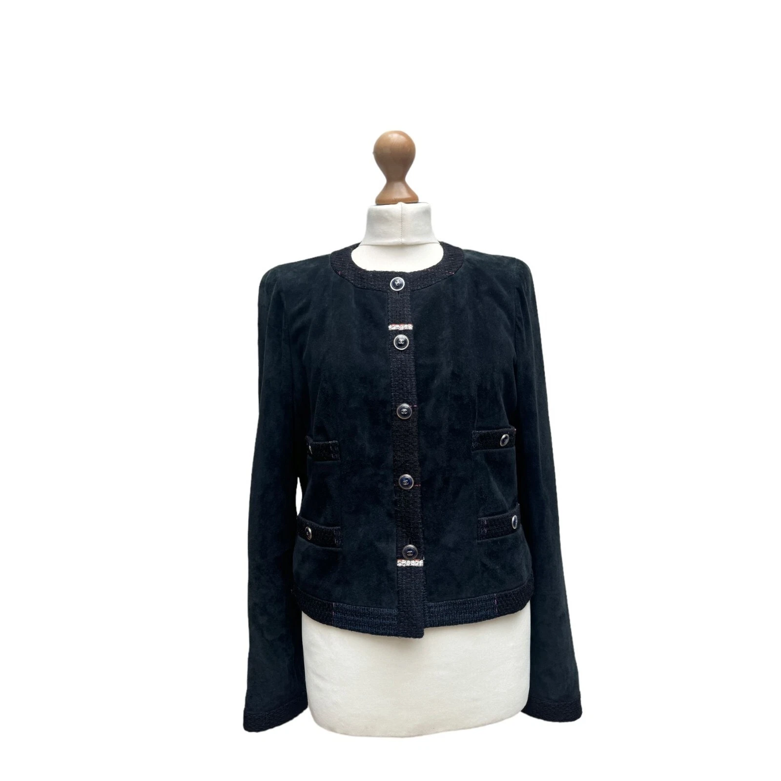 Chanel Iconic La petite giacca nera Cruise 2007 giacca in pelle scamosciata nera taglia 42 M