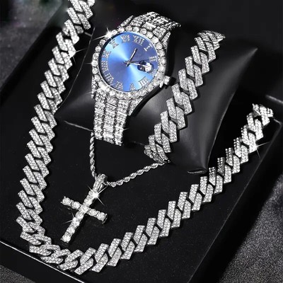 4pcs Men'S Rhinestone Quartz Watch and Hip Hop Cuban Chain Necklace Set