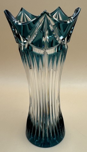 Caesar Lead Crystal Bohemian Teal Hand Cut Clear Standard Rozeta Vase 6” Signed - Picture 4 of 8