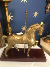 Solid Brass Horse On Wood Stand Mary Go Round Carousel Statue Sculpture