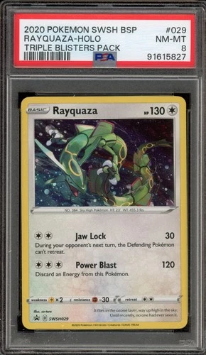 Pokemon Rayquaza Triple Blister Pk. Black Star Holo Promo SWSH029 PSA 8