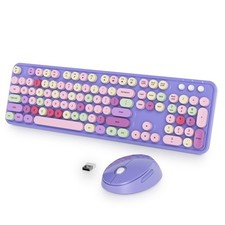 Purple Keyboard and Mouse Combo Wireless, 2.4G Full Size 104-Key Retro Typewr...