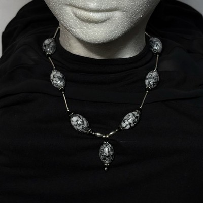 Snowflake Obsidian Beaded Y Necklace Black Gray Natural Stone Statement