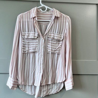 Mahina Hawaii Striped Button Down Shirt Womens Small Pink White Beach FLAW