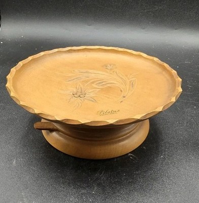 Vintage Ruege Trinket Tray Pedestal Musical Wood Carved Flowers Works