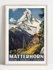 Matterhorn Switzerland Poster, Vintage Zermatt Art Print, Swiss Alps Wall Decor