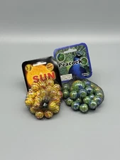 Rare 25 Pack Bags Mega Marbles Retired Sun & Peacock With Shooter Discontinued