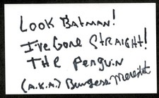 Carte auto 3x5 signée Burgess Meredith avec inscription Batman Penguin BAS Beckett 2