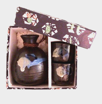 MCI Japan Boxed 3pc Sake/Teacup Set Black Drip Glaze Painted VTG Ceramic Pottery