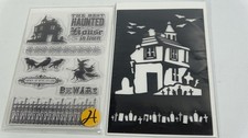 Hampton Art Halloween Haunted House Clear Cling Mount Stamp  Stencil Set JTJ5S3