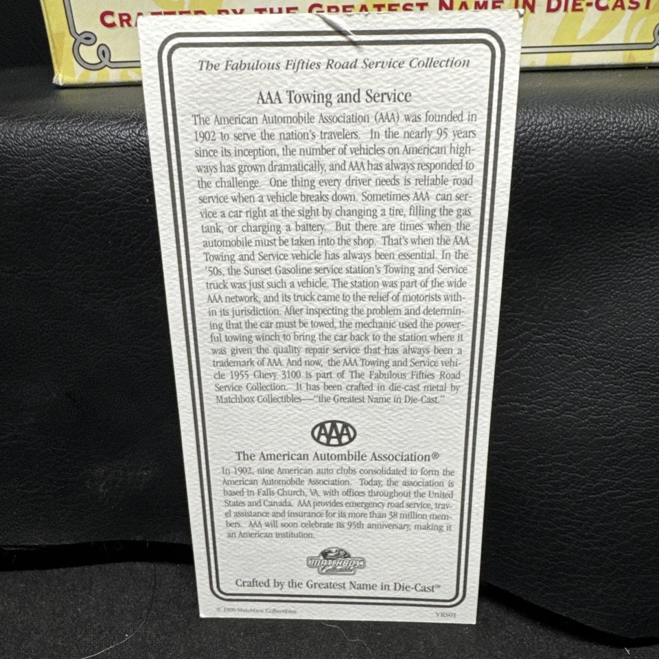 MATCHBOX Fabulous 50's Roadside 1955 CHEVY 3100 AAA TOWING & SERVICE TRUCK YRS01 - Image 3 of 4