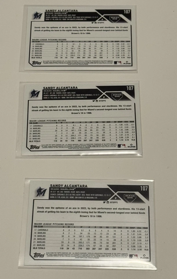 2023 Topps Series 1 - Sandy Alcantara - #107 - LOT OF  3 Miami Marlins - Image 2 of 2