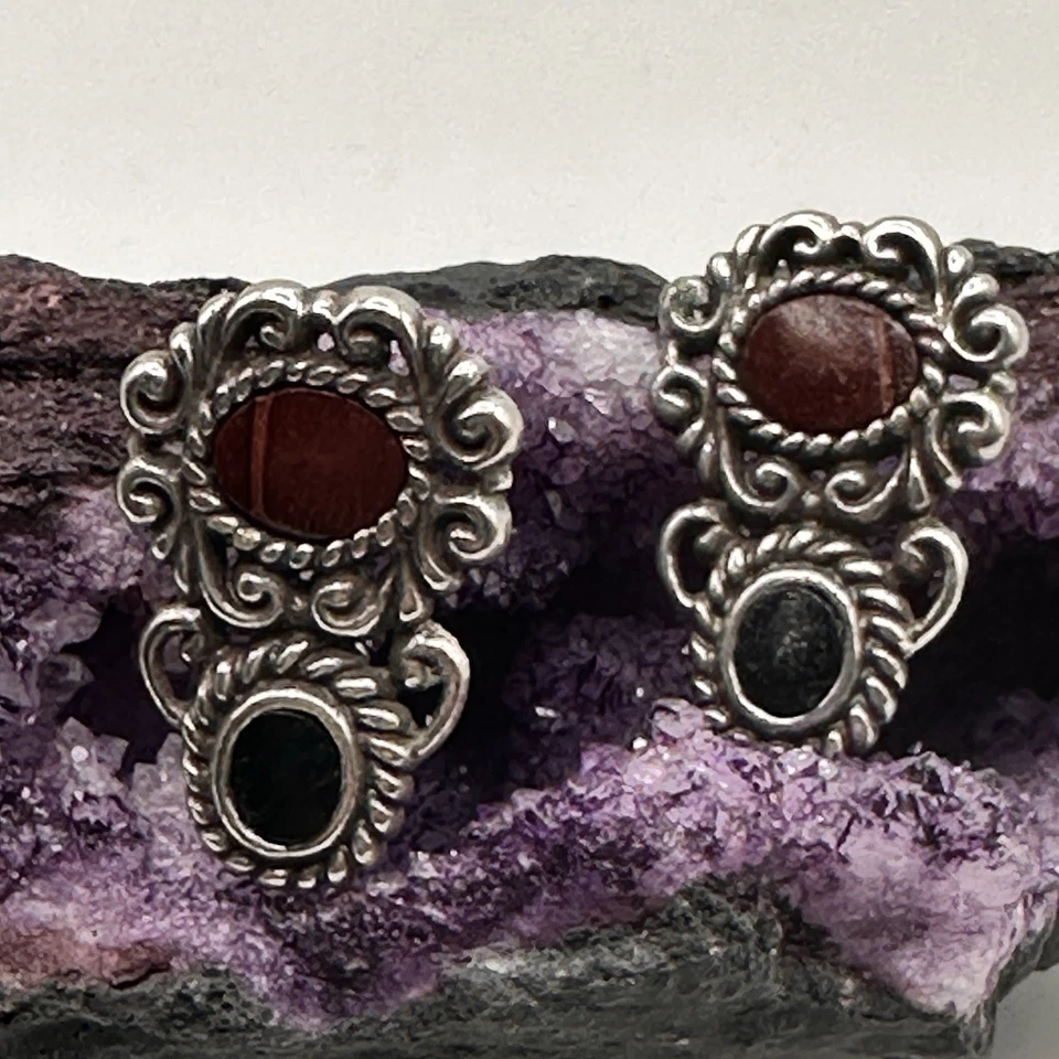 Brighton Leonardo Earrings Silver Filigree Leather Cabochon Croc Embossed - Image 2 of 4