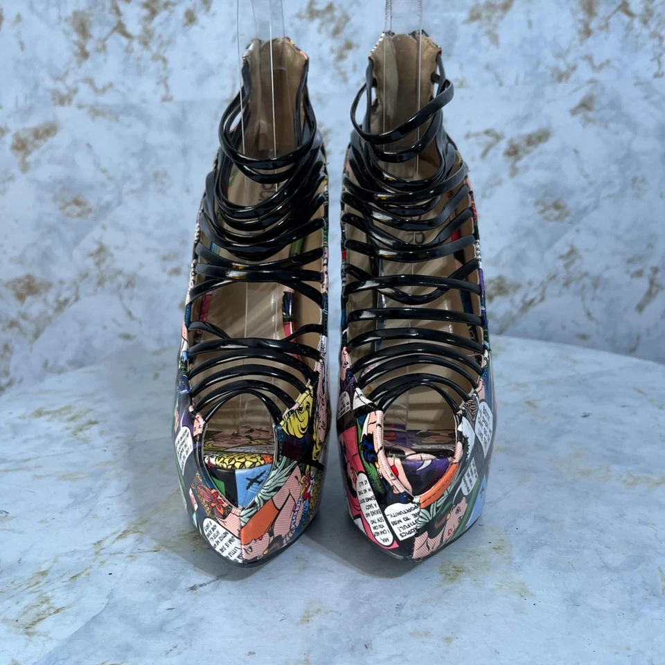 Zapatos Bumper Comic Strip Mujer Talla 7M Negros Coloridos Gladiador Plataforma Tacones Foto 2 de 4