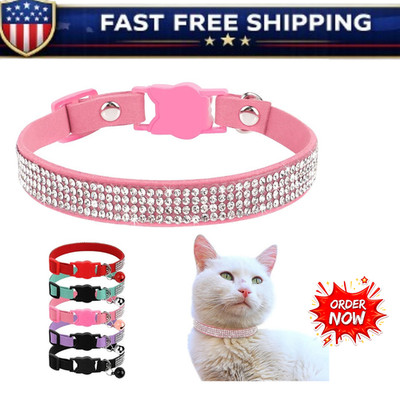 Suede Leather Cat Collar Bling Rhinestone with Bell Safety & Break Away Collar