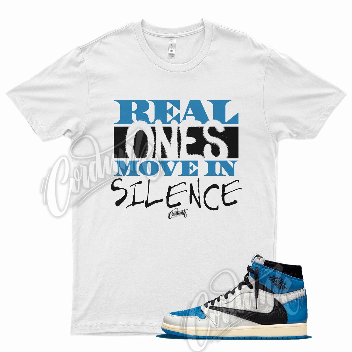 White REAL T Shirt for Fragment Travis Scott J1 1 Military Blue 