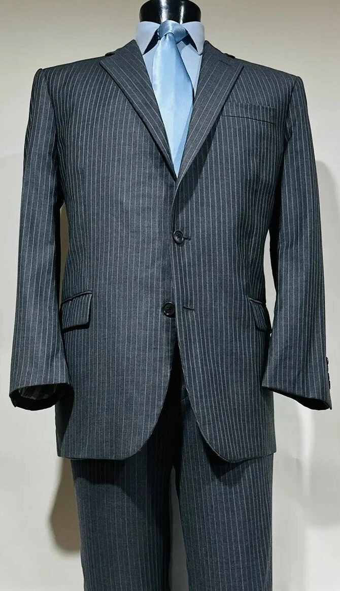 Brooks Brothers Saxxon Wool Gray Light Blue Stripe Flat Front Mens Suit 44  R | eBay
