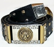 Lion Heads Belt Black Leather Hinged Gold Silver Vtg Greek Key Pattern 38" long