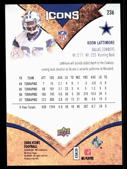 2008 Upper Deck Icons /999 Keon Lattimore #236 Rookie RC - Image 2 of 2