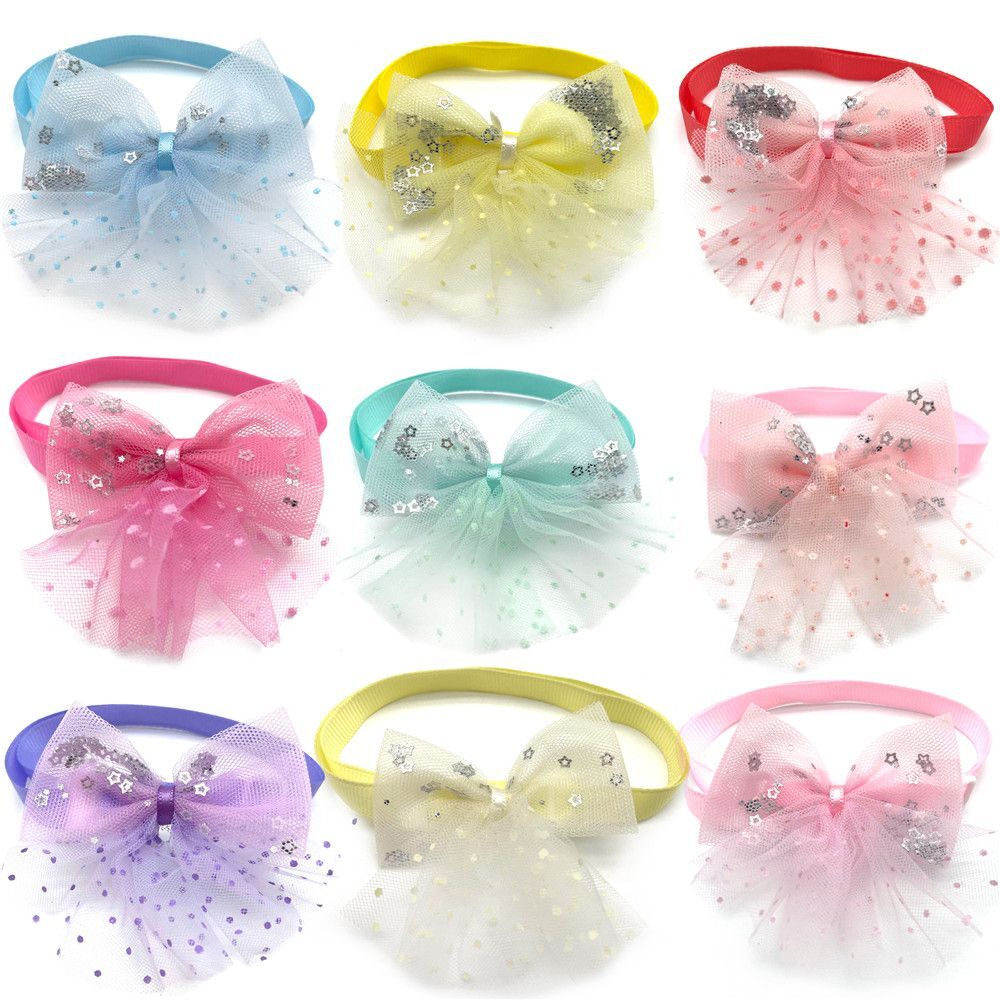 100pcs Cute Dog Cat Bowties Shiny Lace Necktie Collar Pet Grooming