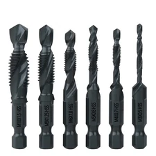 6Pcs 1/4in Hex Shank HSS Screw Thread Countersink Tap Drill Bit Combination Set